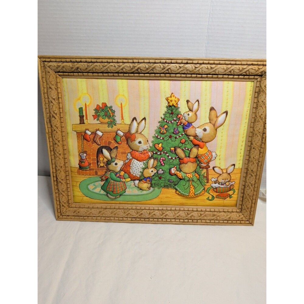Creative Circle Trimmin' the Tree Quilted Stitchery Rabbit Christmas 1982 framed